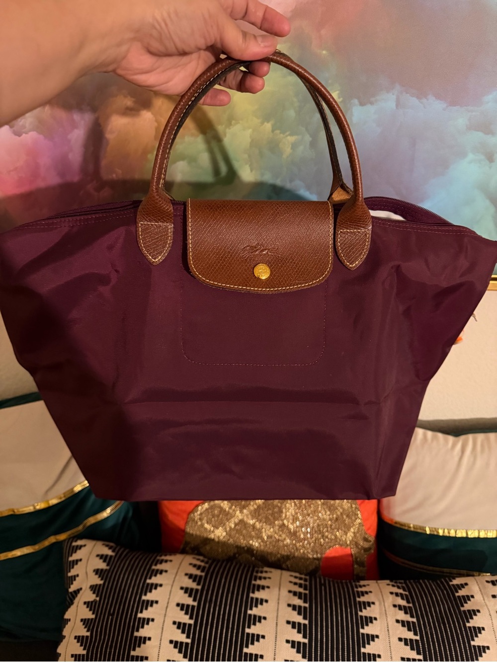 Longchamp Tote Bag in Plum with Brown Leather Trim